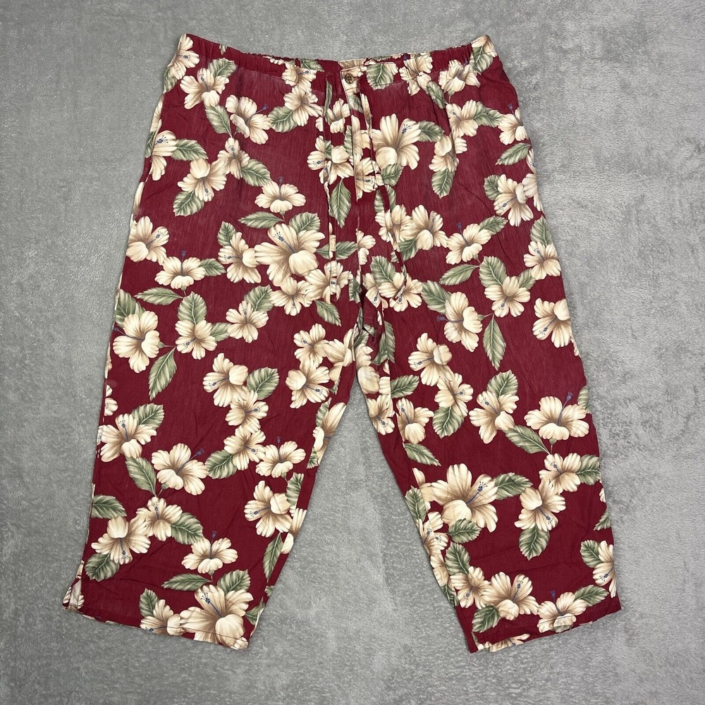 White Stag Woman Floral Hawaiian Pants Red Rayon 22W Drawstrings Beach